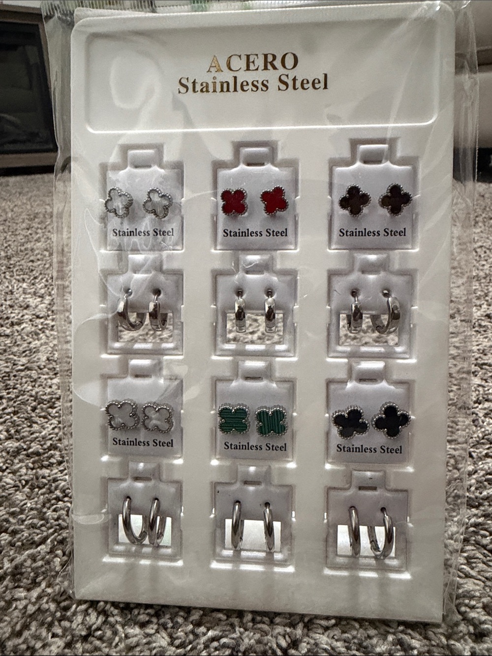 Acer Stainless Steel Women's Multi-Color Clover Stud and Hoop Earring Set